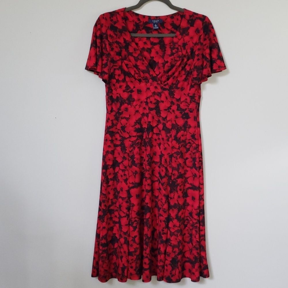 Chaps Dress Womens M Poppy Red Dark Floral Baby Doll Milkmaid Flare Skirt Retro